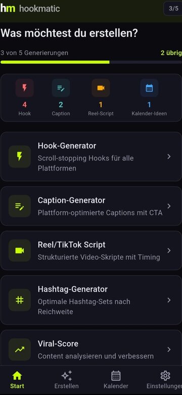 Hookmatic Dashboard &ndash; 6 KI-Module f&uuml;r Social Media Content