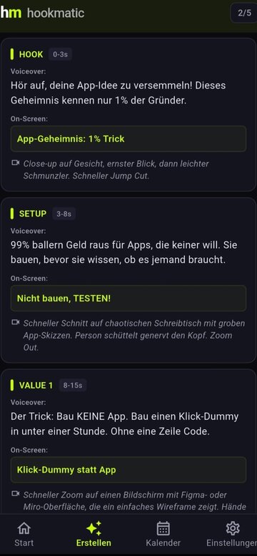 Hookmatic Reel-Script Generator mit Timing und Szenenanweisungen